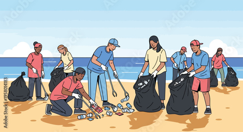Diverse group of volunteers cleaning up a beach.