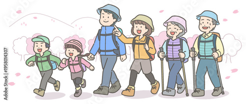 桜が咲く中でハイキングをする3世代家族のイラスト