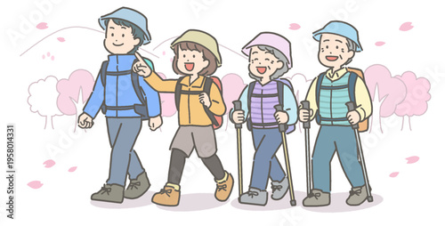 桜が咲く中でハイキングをする家族・ファミリーのイラスト