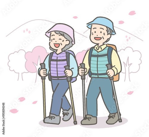桜が咲く中でハイキングをするシニア夫婦のイラスト