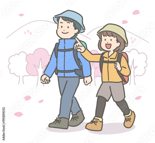桜が咲く中でハイキングをする若い男女カップルのイラスト