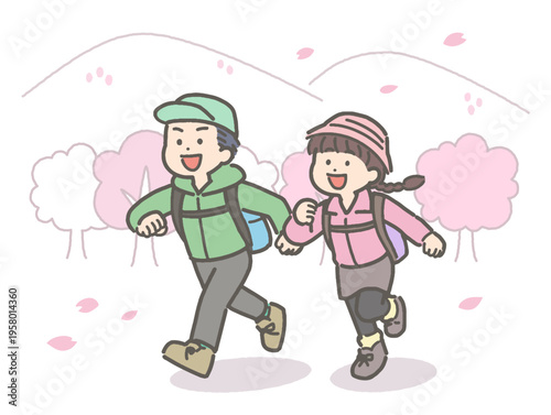 桜が咲く中でハイキングをする子どものイラスト