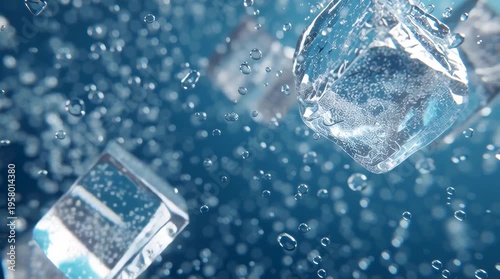 Ultra macro sparkling water scene floating crystal ice cubes, thousands of tiny carbonation bubbles rising rapidly ice surfaces, bright summer sunlight refractions water, crisp transparent liquid