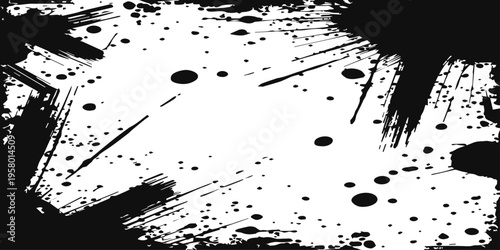 A grungy black ink splat texture featuring artistic paint splatters and liquid drips on a clean vector background element for modern silhouette design