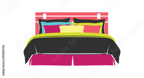 Colorful bed with pillows and blanket a flat design silhouette