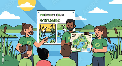 Environmental education group teaching about wetland conservation.