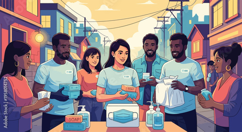 Diverse group of volunteers distributing essential supplies.