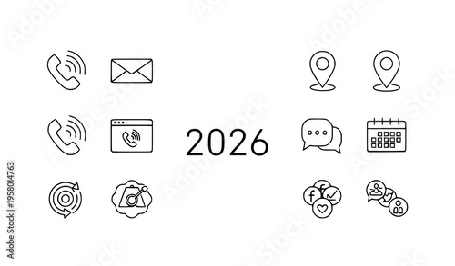 A set of modern line art icons representing communication and organization in a minimalist style