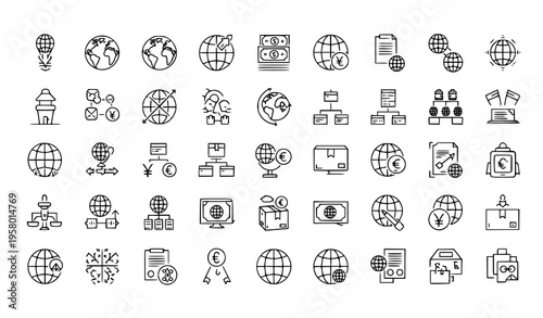 A collection of black and white line art icons depicting global business and communication concepts