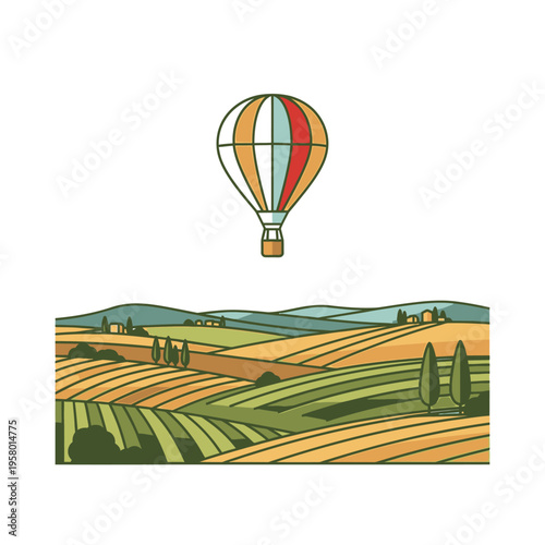 Hot Air Balloon Floating Above Scenic Landscape.