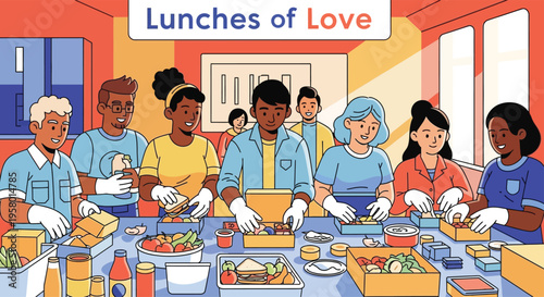 Diverse group of volunteers preparing lunch meals together.