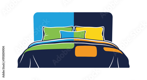 Colorful bed illustration with layered bedding a modern graphic silhouette