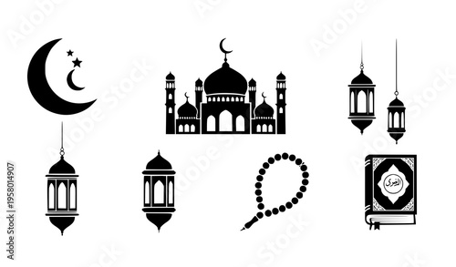 Minimal Ramadan Islamic icons set mosque crescent moon Quran lantern and prayer beads vector silhouette collection isolated on white background