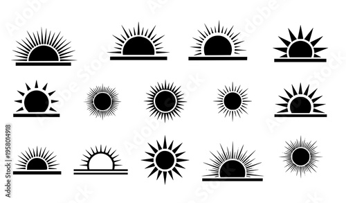 Minimal sun icon collection weather symbols sunshine solar energy vector illustration isolated on white background