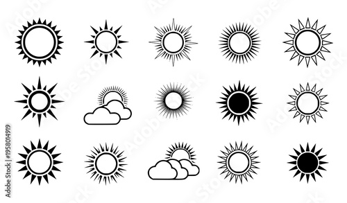 Sun icon set weather symbols sunshine solar energy vector illustration collection isolated on white background