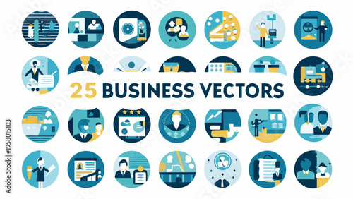 Collection of colorful business icons depicting various professional scenarios