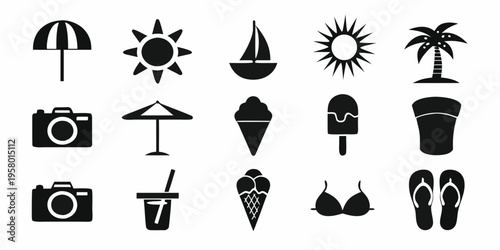Black silhouette icons depicting various summer and vacation related items