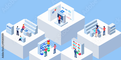 Isometric illustration of people interacting at a modern retail exhibition space