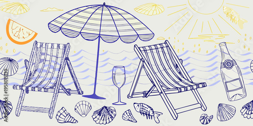 Beach scene illustration with umbrella chairs and summer accessories