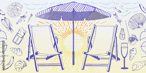 A beach scene with lounge chairs umbrella and coastal elements