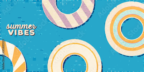 Colorful inflatable rings and summer vibes text on a blue background