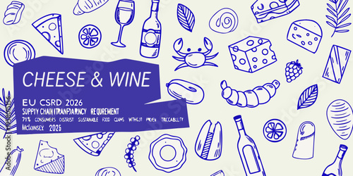 A blue doodle illustration of cheese wine and various food items