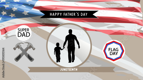 Silhouette of parent and offspring against United States flag for June holiday commemorations