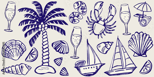 A whimsical sketch featuring tropical elements champagne and sea life