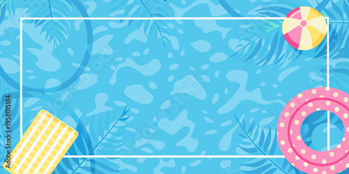 Summer scene featuring beach accessories and a vibrant blue water background