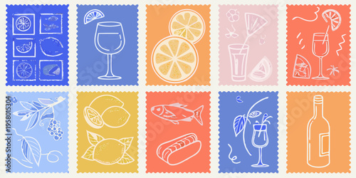A collection of colorful postage stamps featuring summery illustrations