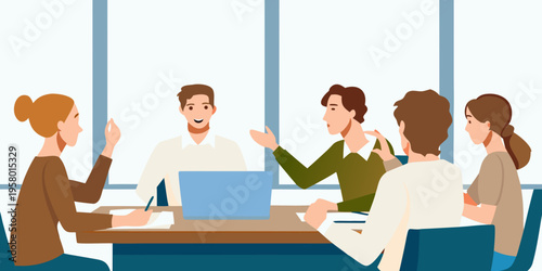 A diverse group of professionals collaborating during a modern office meeting