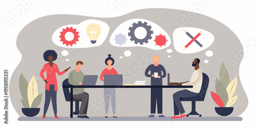 A diverse team collaborates brainstorming ideas around innovation and problem solving