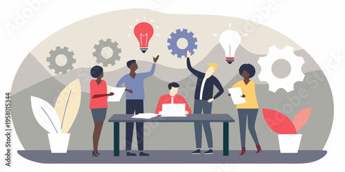 Team brainstorming session with ideas represented by glowing lightbulbs