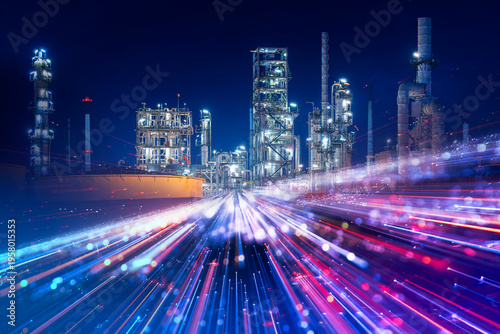 Technology integration of oil refinery is illuminated at night, and the speed lines symbolize the energy that drives business and technology.
