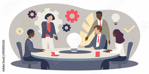 Diverse team collaborating around a table with ideas and lightbulbs