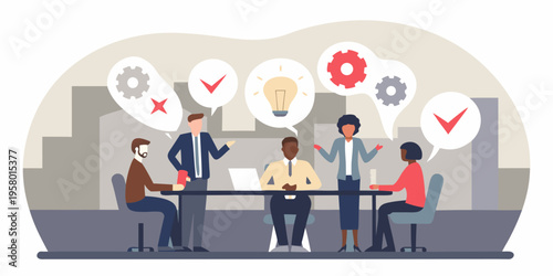 Business team collaborating around a table with idea bubbles overhead