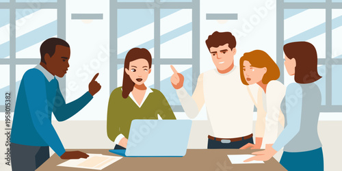 Diverse business team collaborates and discusses ideas around a conference table