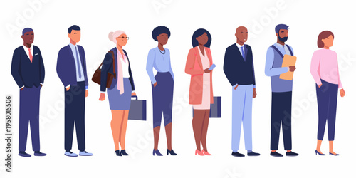 Diverse group of professionals standing in a line facing forward