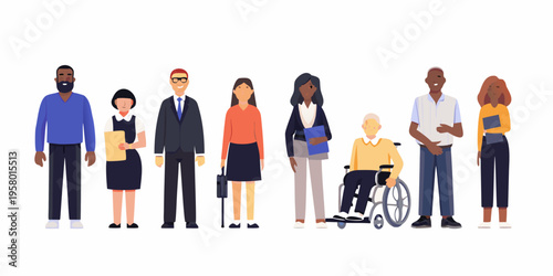 Diverse group of people standing together including a person in a wheelchair