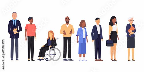 Diverse group of professionals standing and posing in flat vector illustration