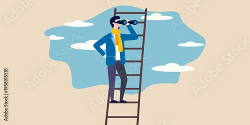 Man climbs a ladder looking through binoculars at a bright blue sky
