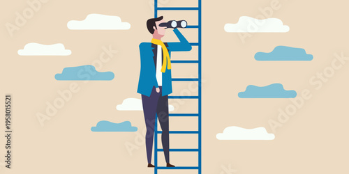 A man climbs a ladder while looking through binoculars at the sky