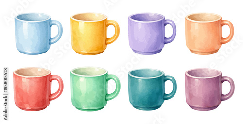 A beautiful collection of watercolor ceramic mug clip art featuring pastel coffee cups in assorted colorful glazed designs.