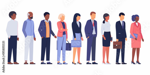 Diverse group of professionals standing in a line facing forward