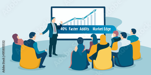 Business presentation with a speaker and audience analyzing market growth charts
