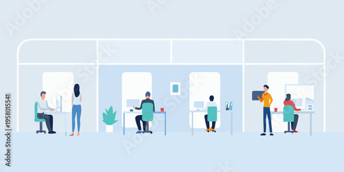 Modern open plan office space with several people working at desks