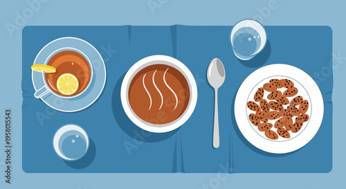 illustration of soup, tea, and snacks with glasses on table