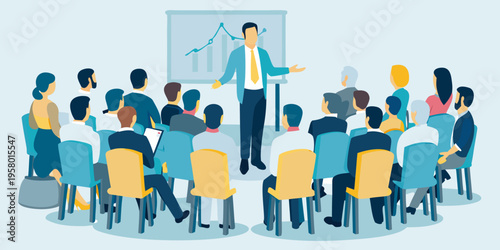 A businessman presents to a seated audience in a modern conference room