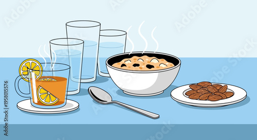 Colorful illustration of soup and side dishes on table