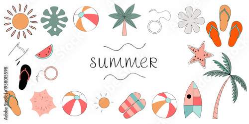 Colorful summer themed illustrations including beach items and tropical plants